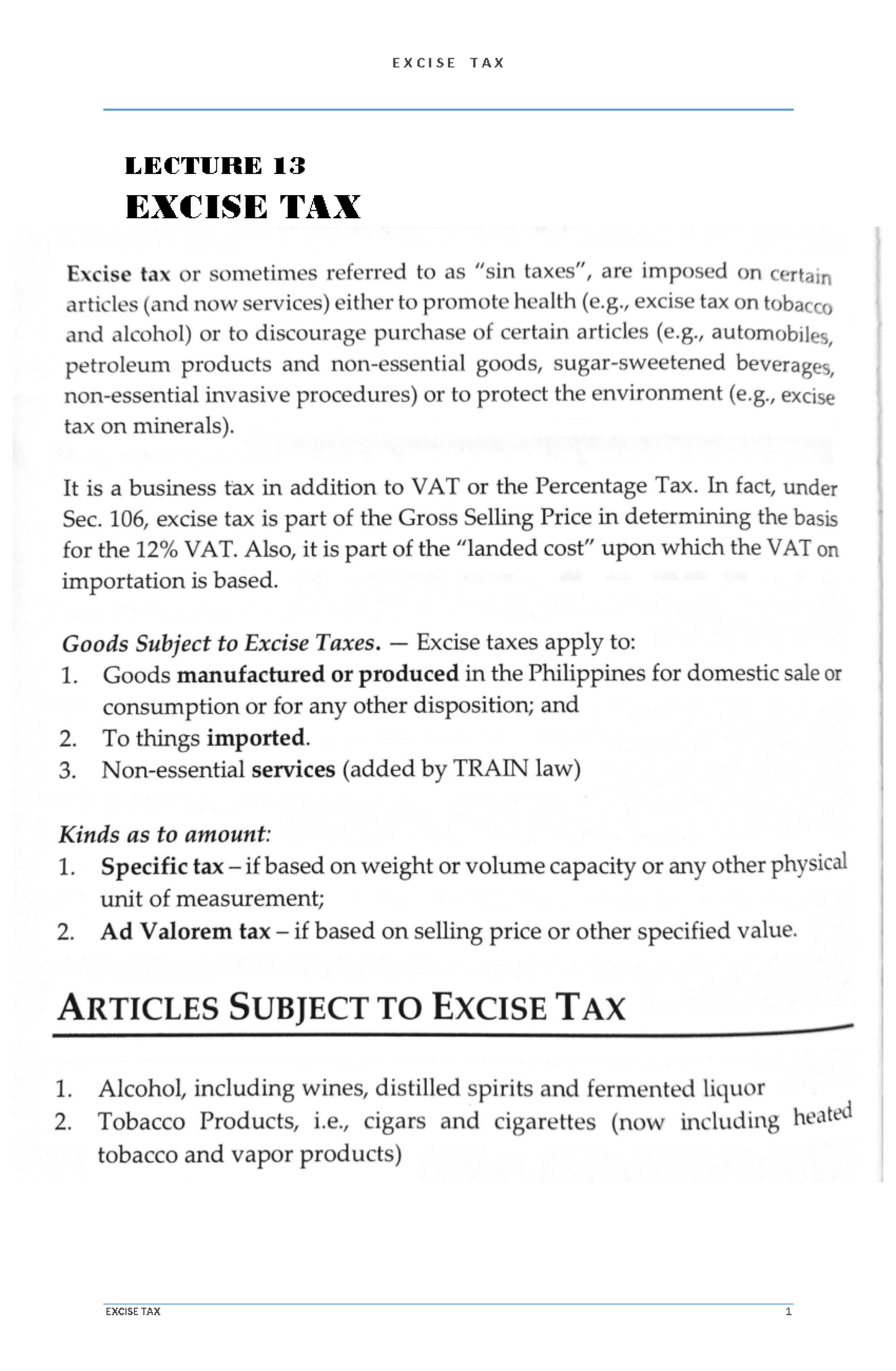 Lecture 13 Excise Taxes BS accountancy LECTURE 13 EXCISE TAX