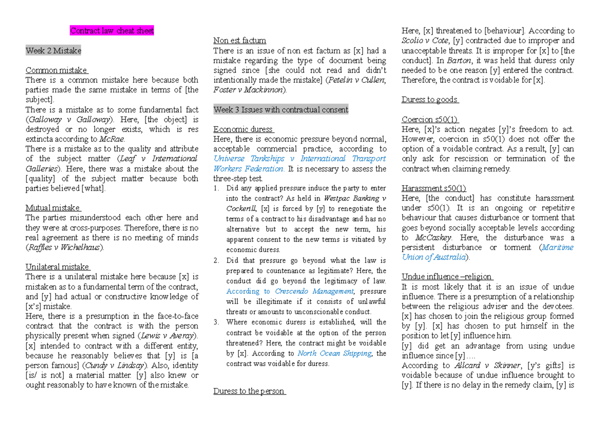 Contract Law Cheat Sheet There Is A Mistake As To Some Fundamental Fact Galloway V Galloway Contract Law Cheat Sheet There Is A Mistake As To Some Fundamental Fact Galloway V Galloway