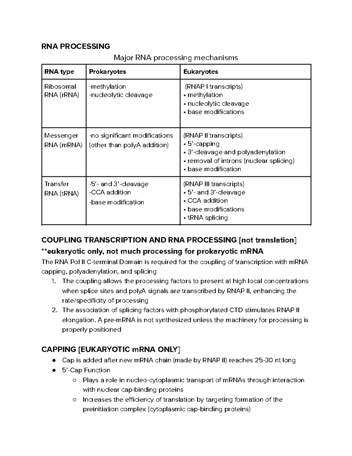 Exam All Lecture Notes Rna Processing Major Rna Processing