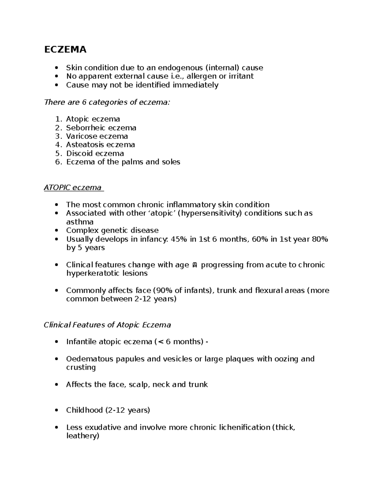 Eczema Notes (POD) - ECZEMA Skin condition due to an endogenous ...