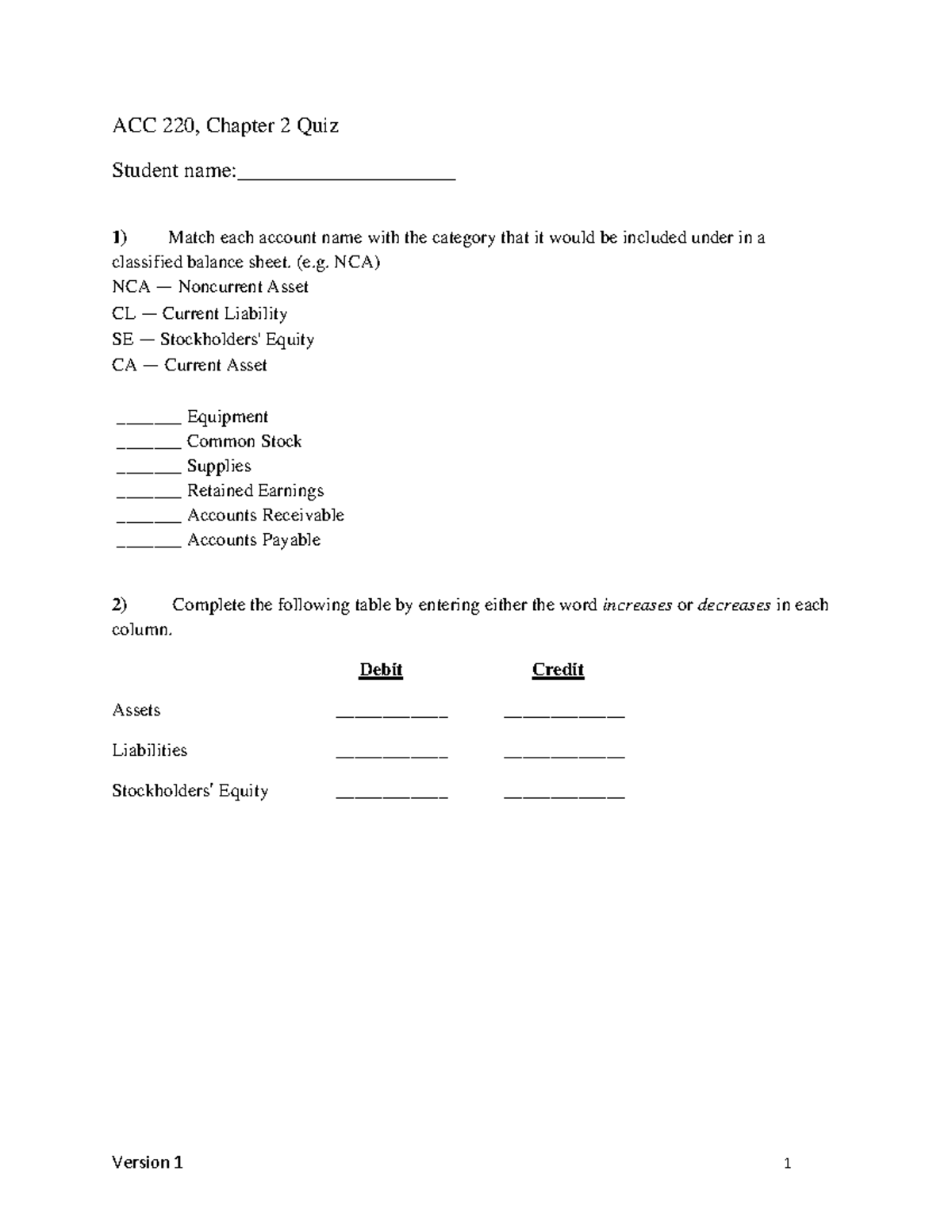 Chapter 2 Quiz With Answers - Version 1 1 ACC 220, Chapter 2 Quiz ...