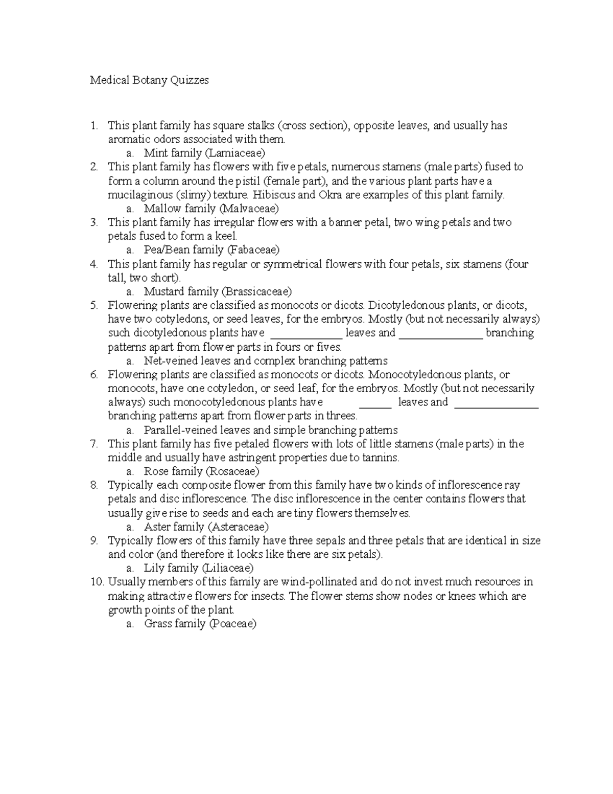 Medical Botany Quizzes - BOT3850 - USF - Studocu