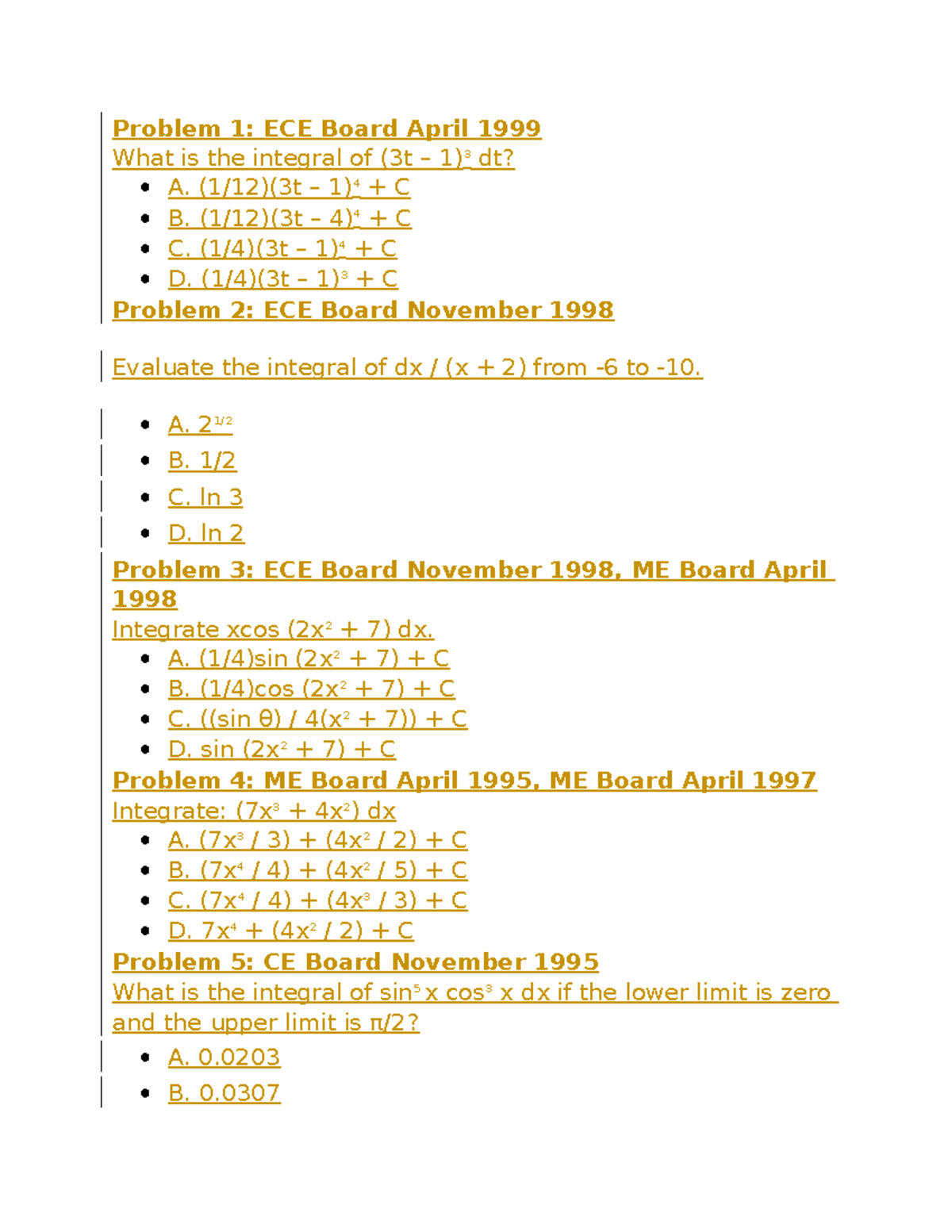 Integral calculus past board problems - Problem 1: ECE Board April 1999 ...