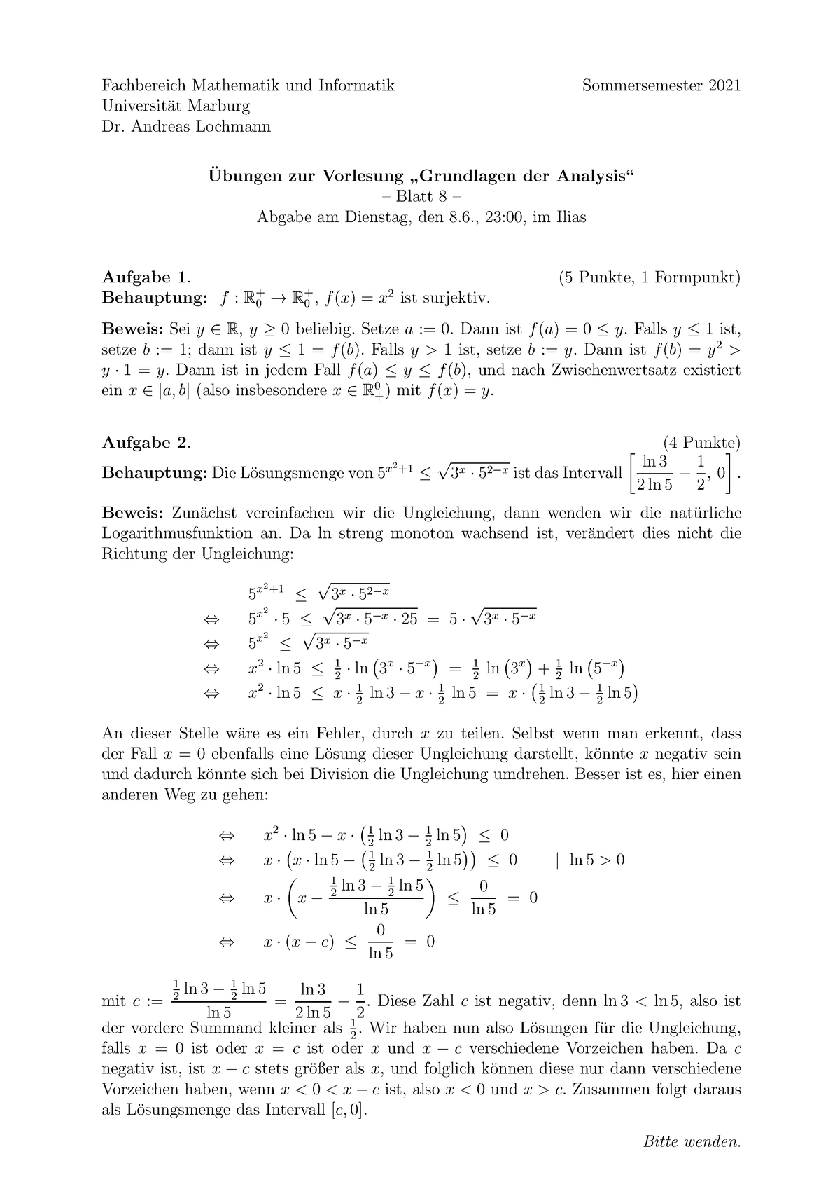 Loesungen Blatt Fachbereich Mathematik Und Informatik