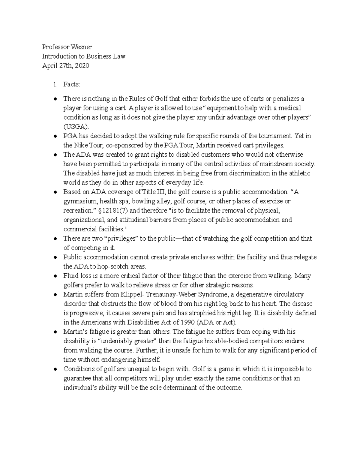 PGA V Martin Final Case Analysis Professor Wesner Introduction to