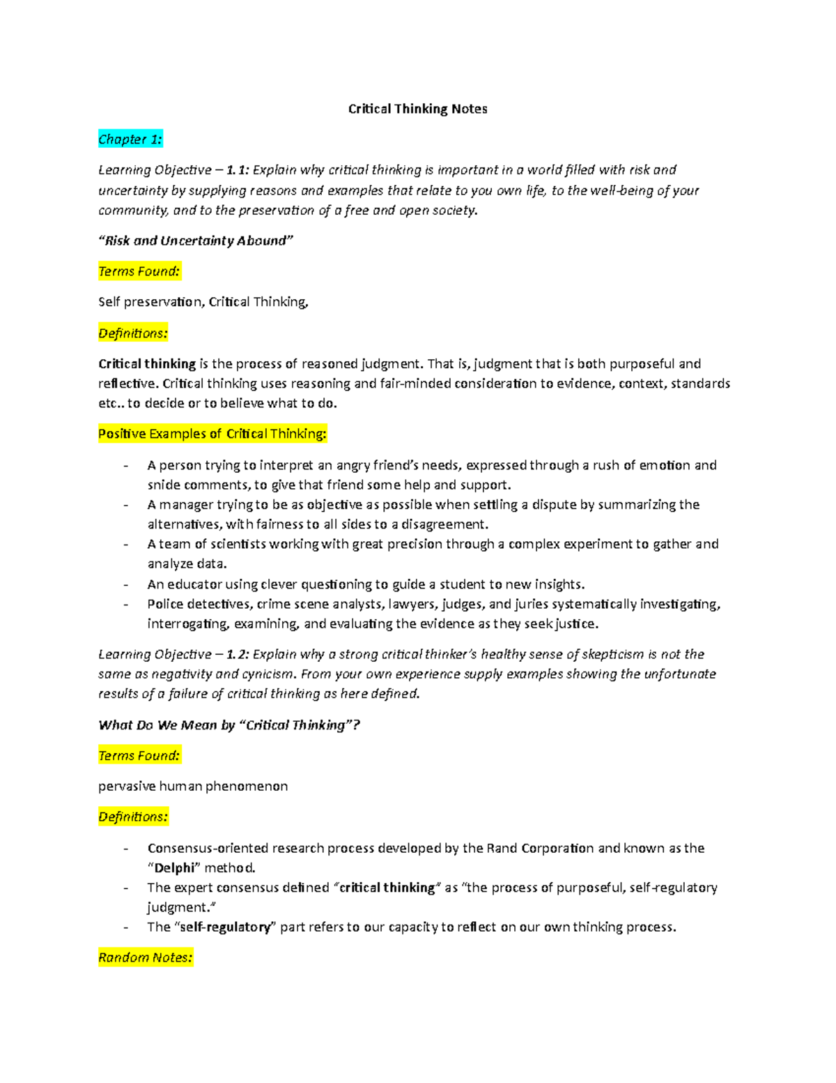 critical thinking chapter outlines