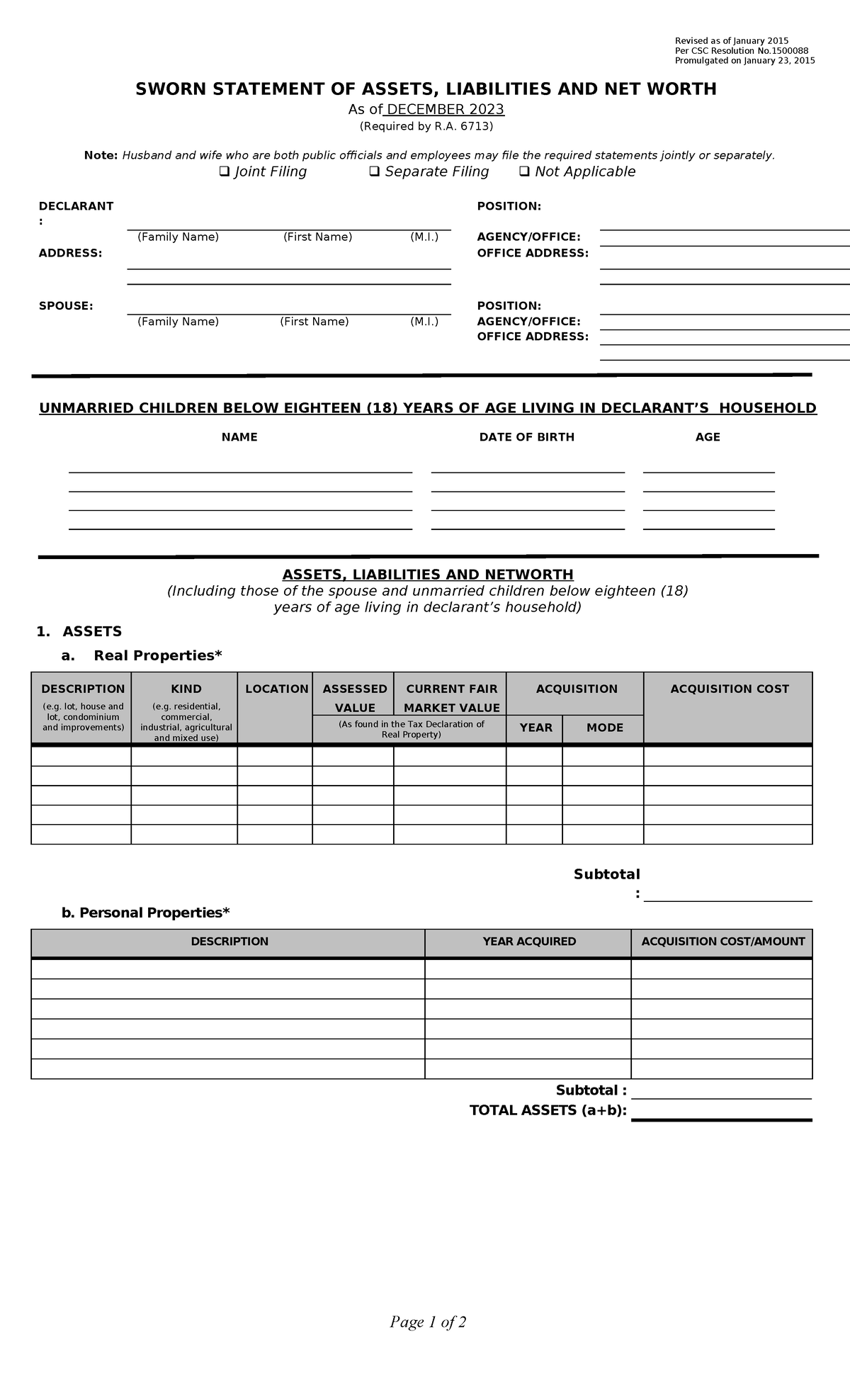 Sworn Statement of Assets and Liabilities SALN - Revised as of January ...