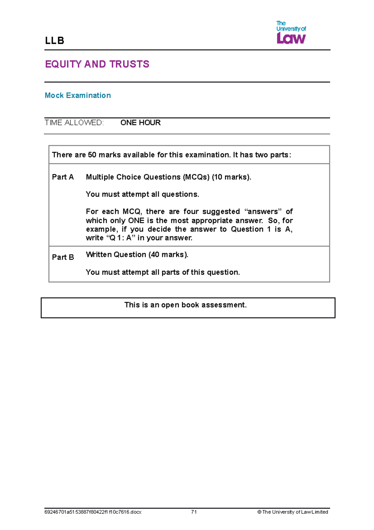 Equity and trust mock exam - EQUITY AND TRUSTS Mock Examination TIME ...