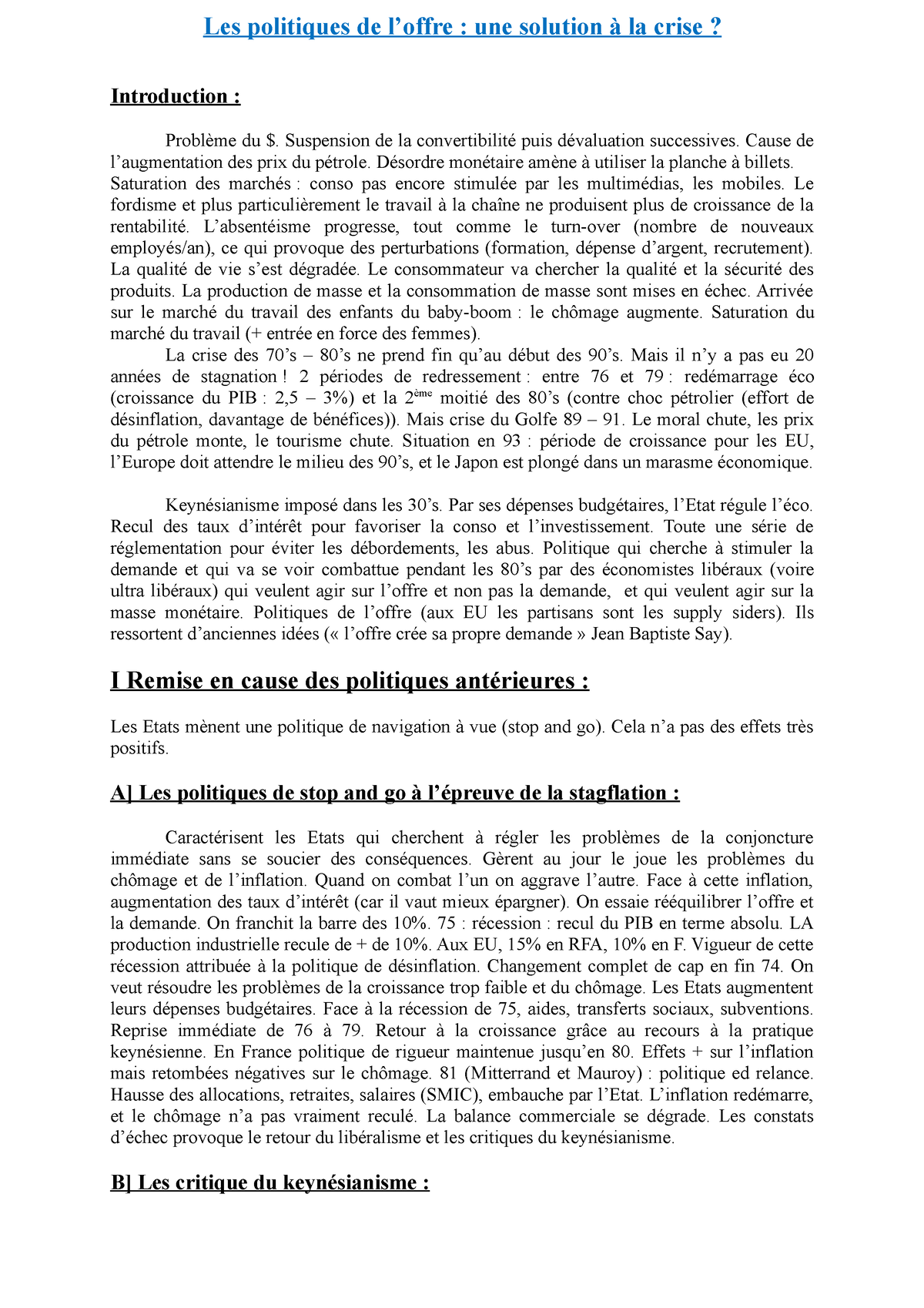 Politique de Keynes - Plans-Dissertations - Les politiques de l’offre ...