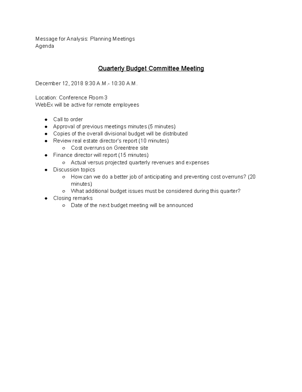 Chapter 2 assignment 1 Organize a meeting agenda Message for