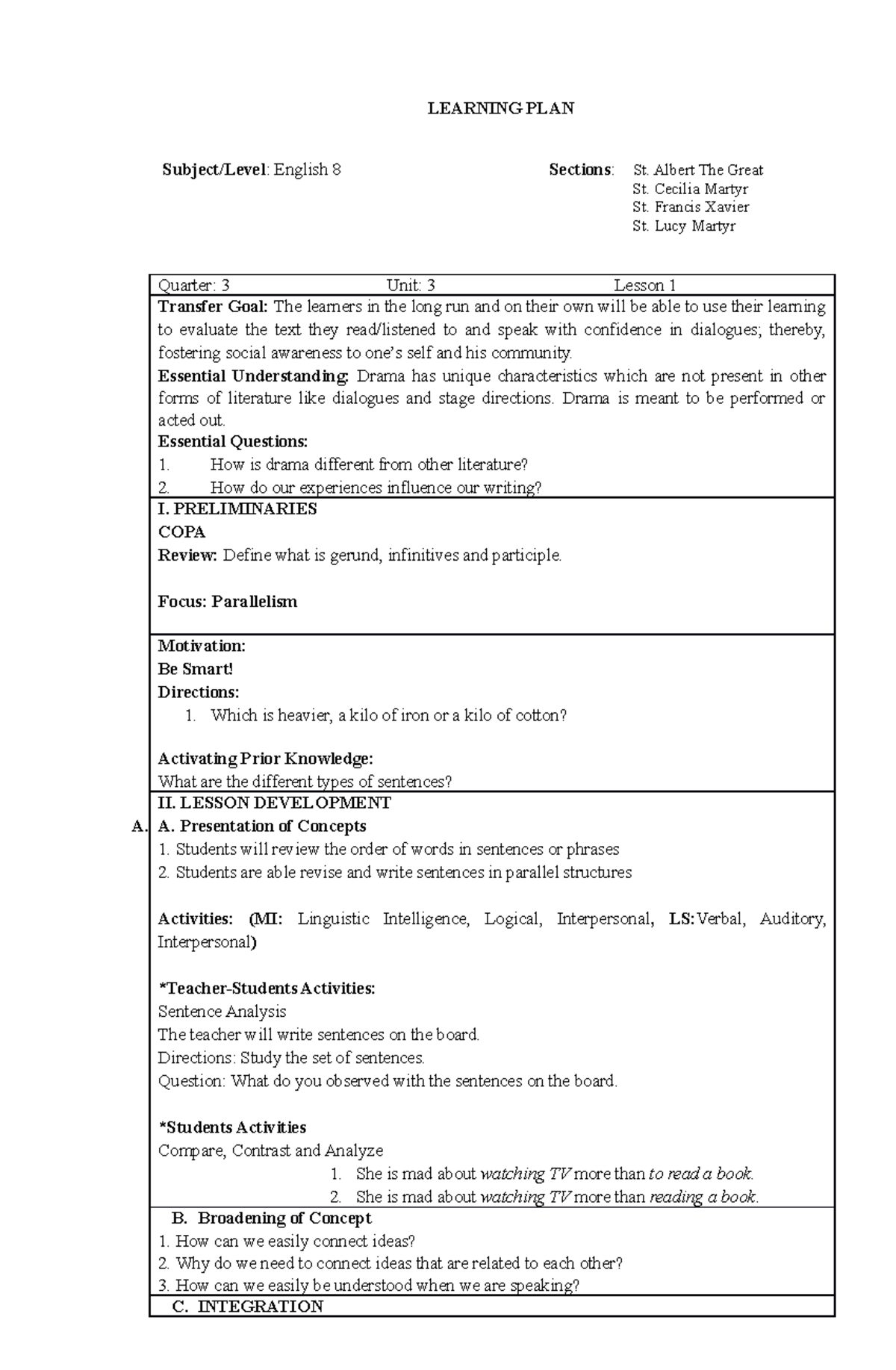 Lesson 3 - can be used for demo - LEARNING PLAN Subject/Level: English ...