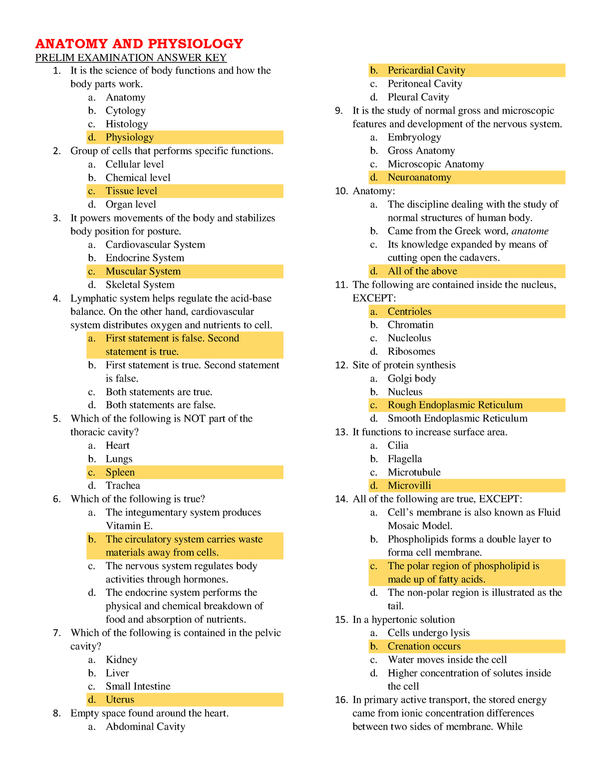 Anaphy First Semester Prelim And Midterm Exams - PRELIM EXAMINATION ...