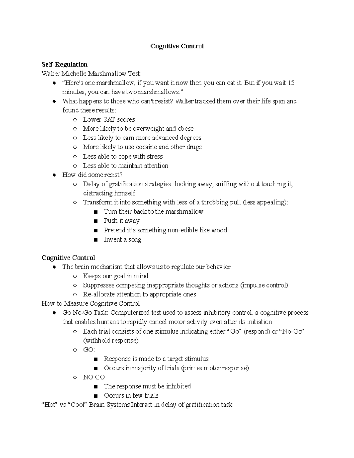 Psych Lecture 20 Cognitive Control Cognitive Control Self