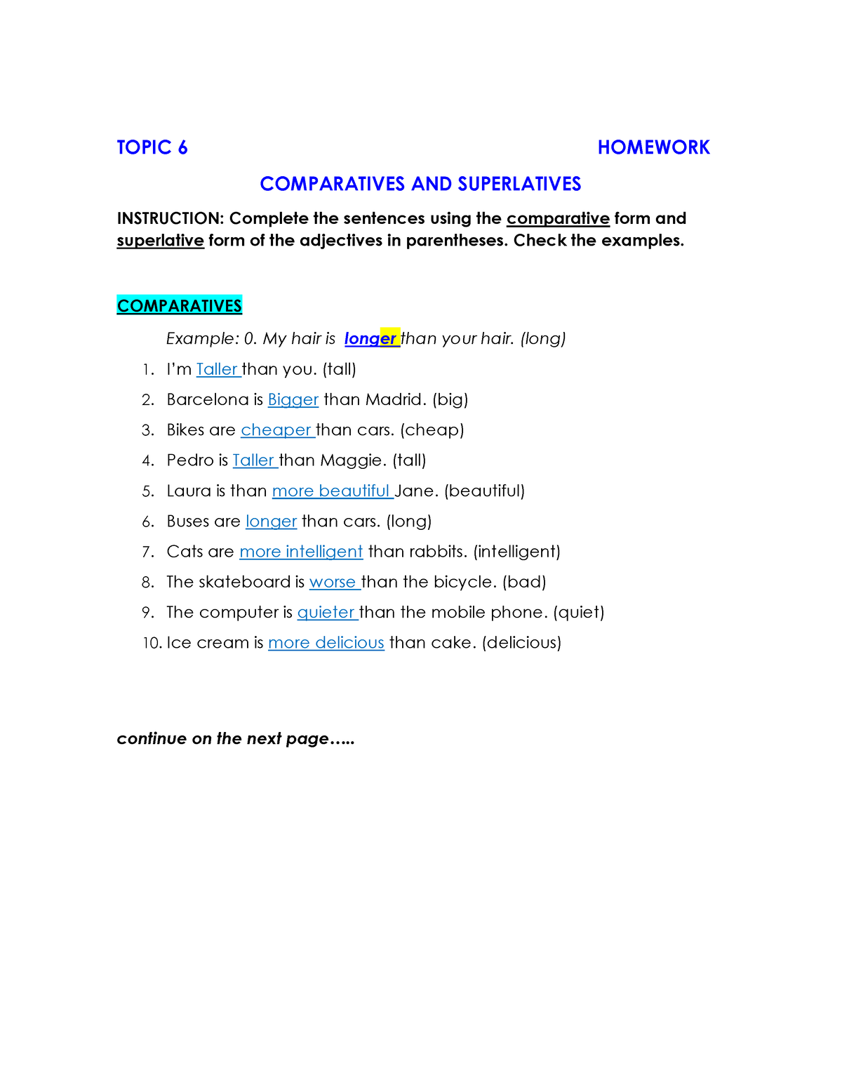 Comparativer And Superlatives 6 HW - TOPIC 6 HOMEWORK COMPARATIVES AND ...