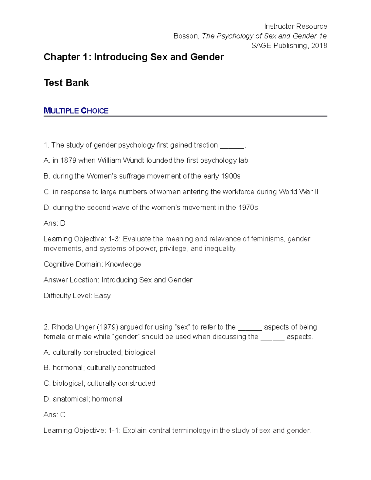 Bosson: The Psychology Of Sex And Gender - Quiz Chapter 1 Answers ...