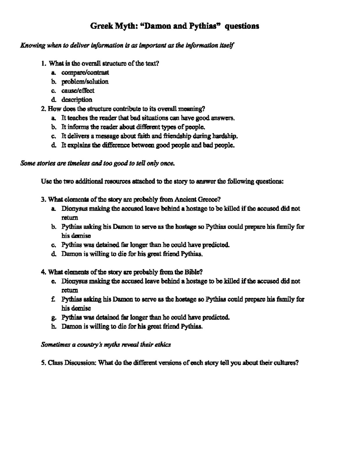 Short Story Damon and Pythias questions Studocu