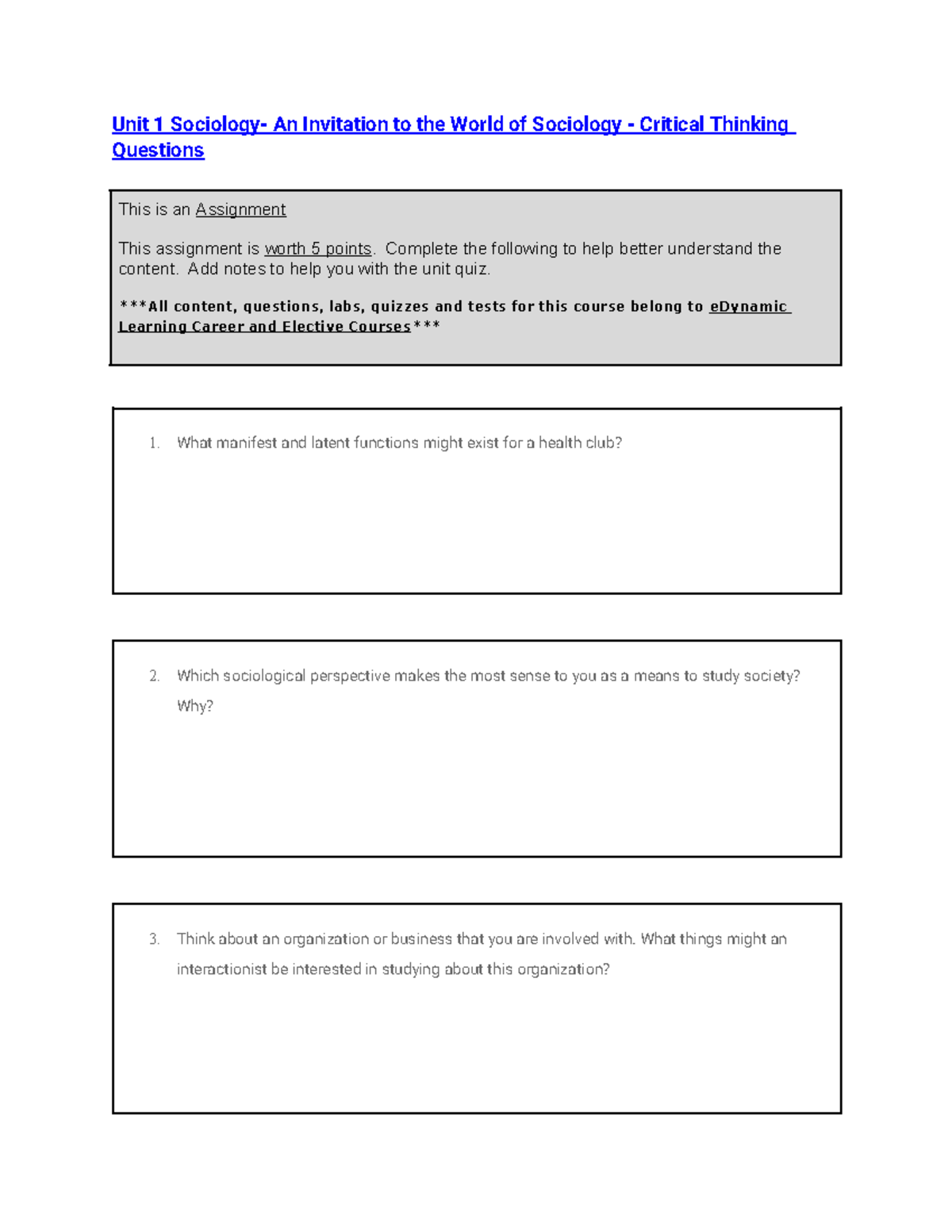 sociology unit 1 critical thinking questions