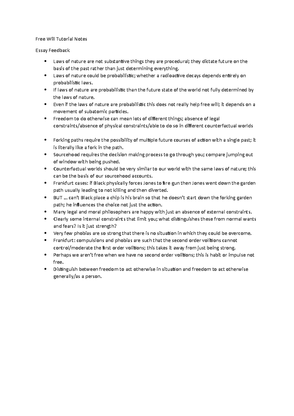Free Will Tutorials - Summary of work - Free Will Tutorial Notes Essay ...
