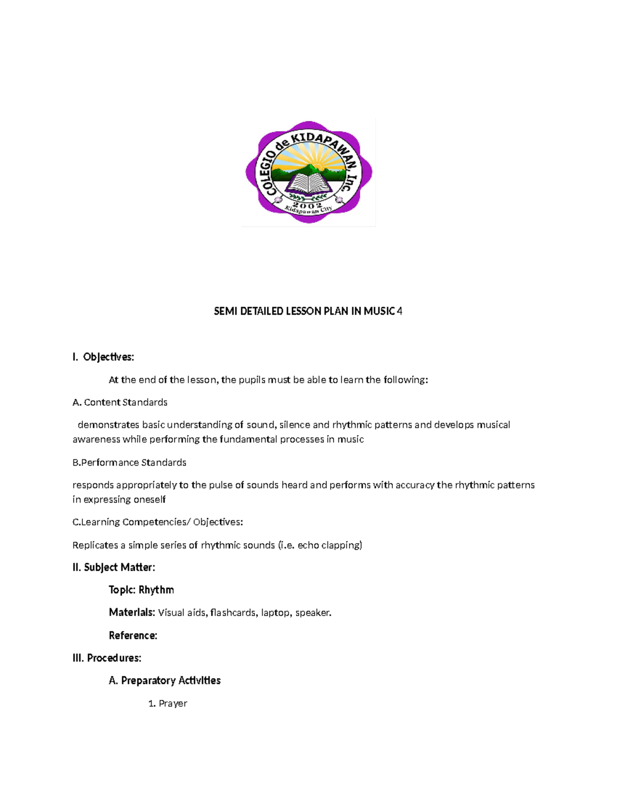 SEMI Detailed Lesson PLAN IN Music 2 - SEMI DETAILED LESSON PLAN IN ...