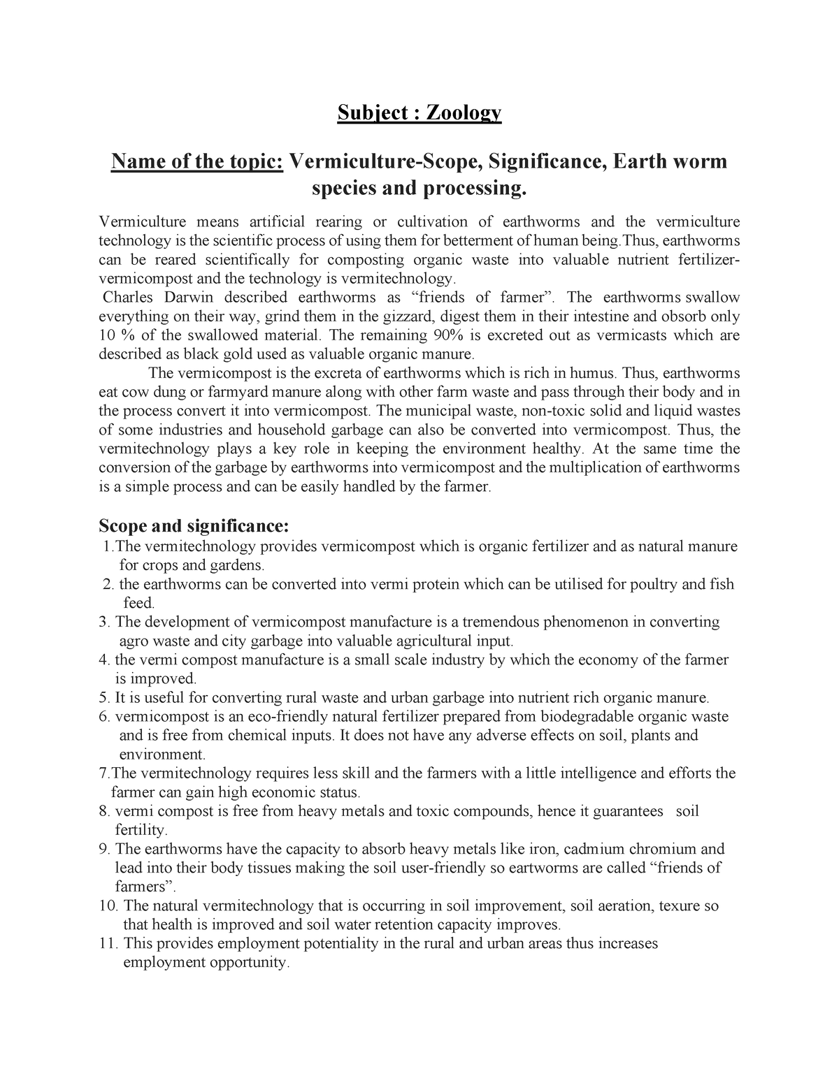 vermiculture project literature review