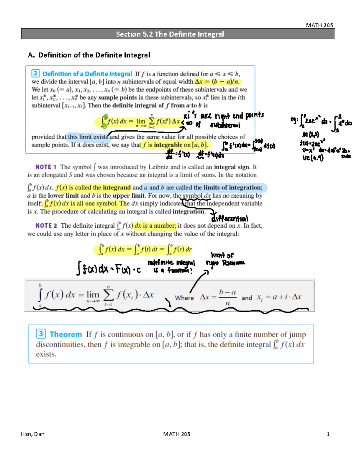 Section 5.2 The Definite Integral - A. Definition of the Definite ...
