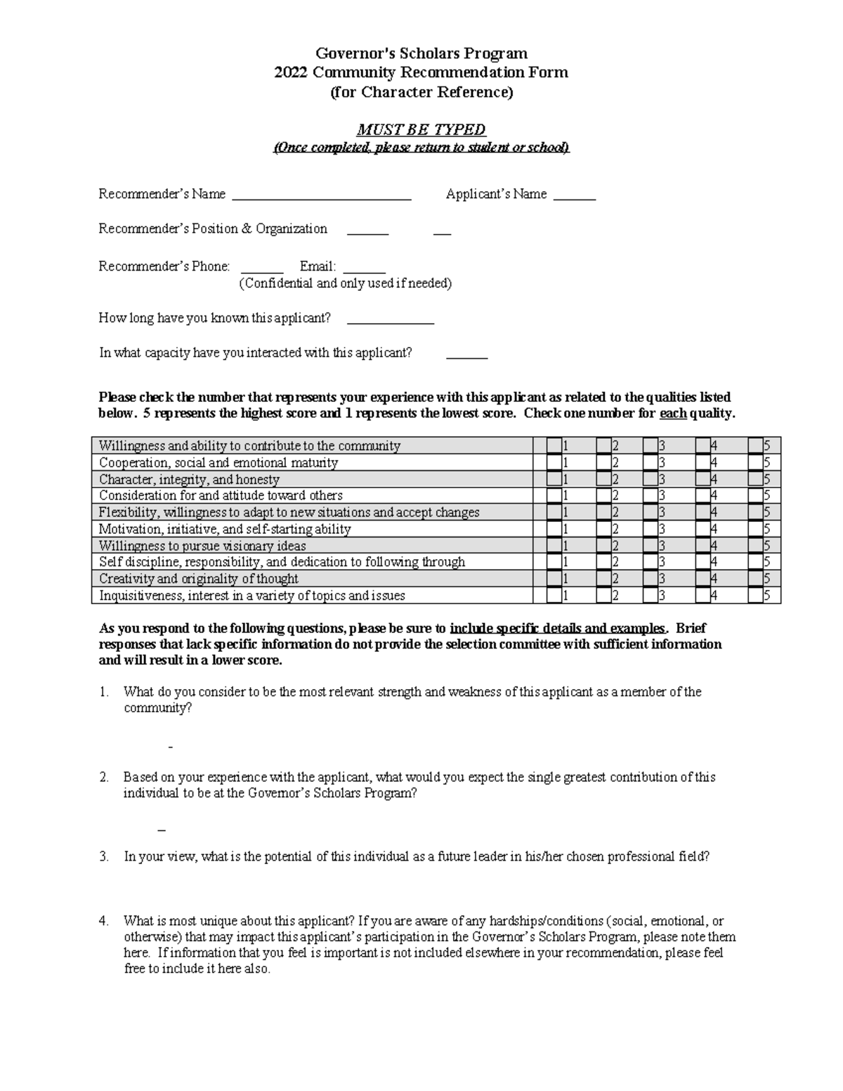Community Recommendation Form - 2022 - Governor's Scholars Program 2022 ...