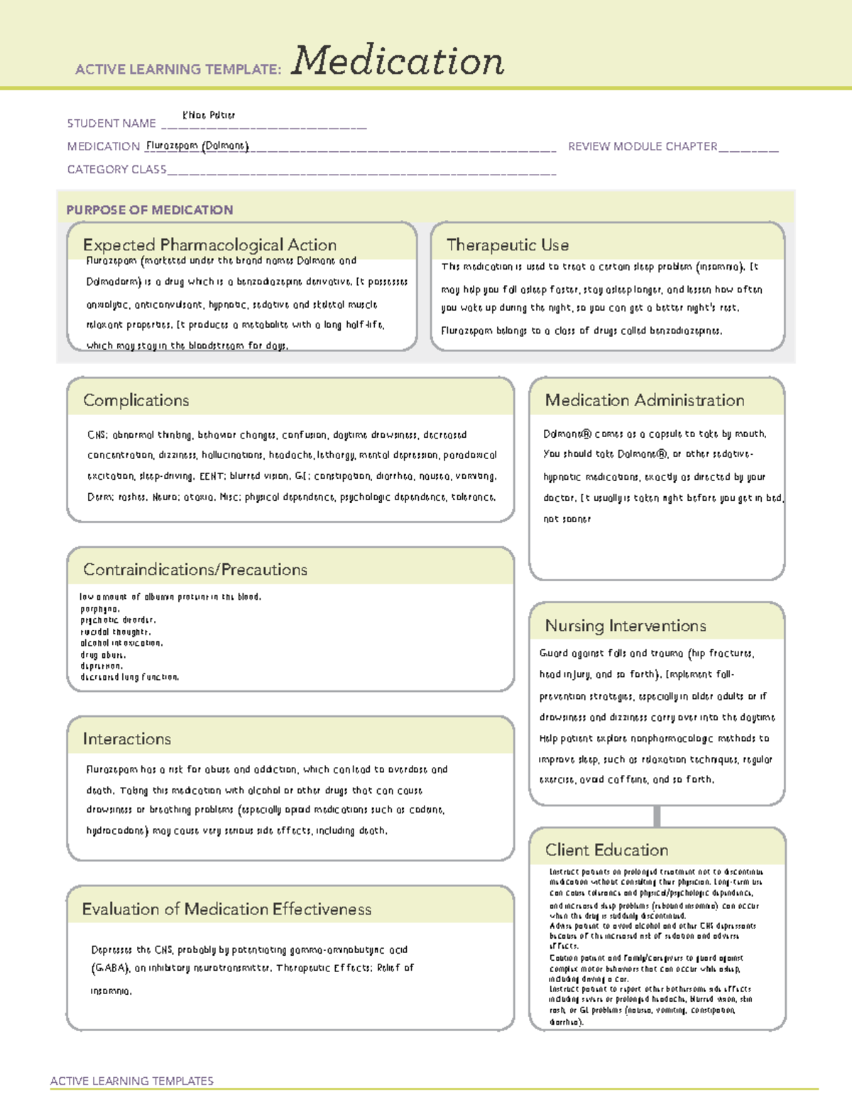 Flurazepam - Medication Card - ACTIVE LEARNING TEMPLATES Medication ...