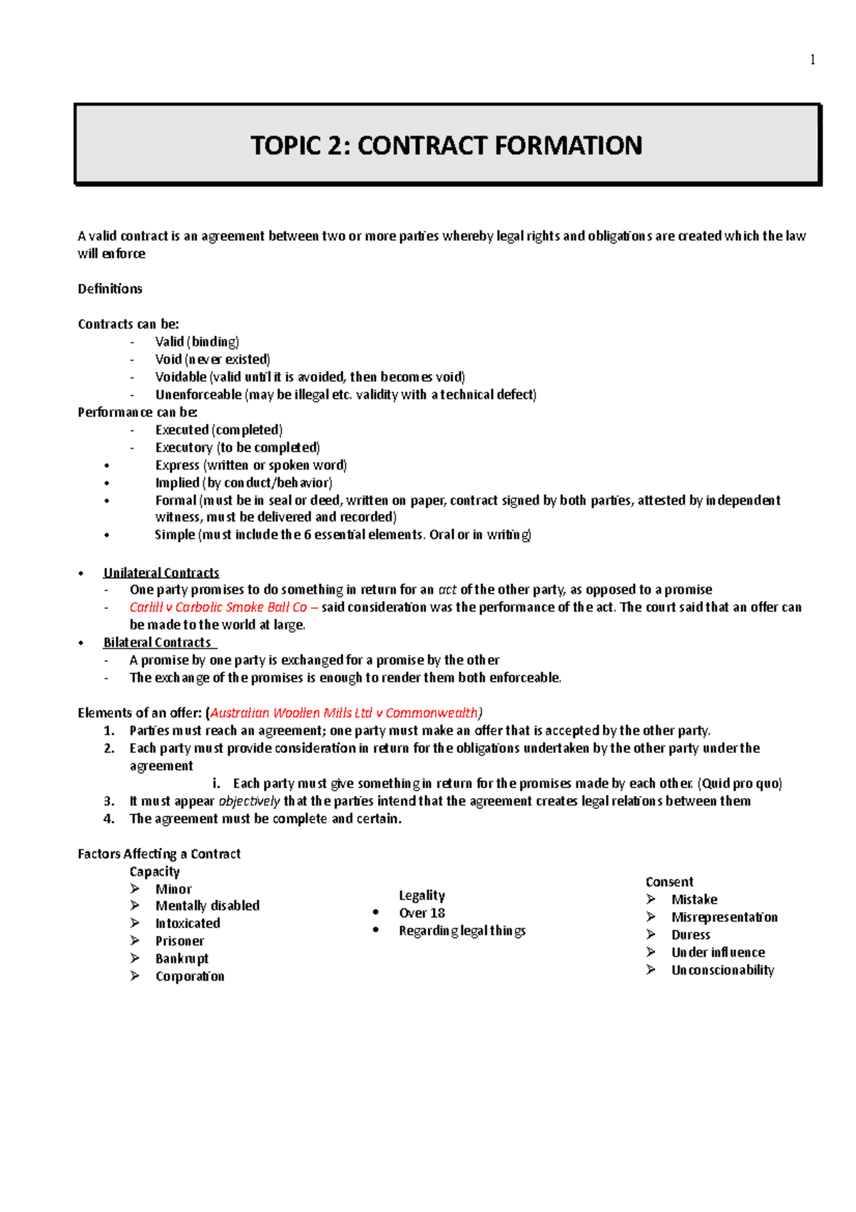 Notes-1 - notes - TOPIC 2: CONTRACT FORMATION A valid contract is an ...