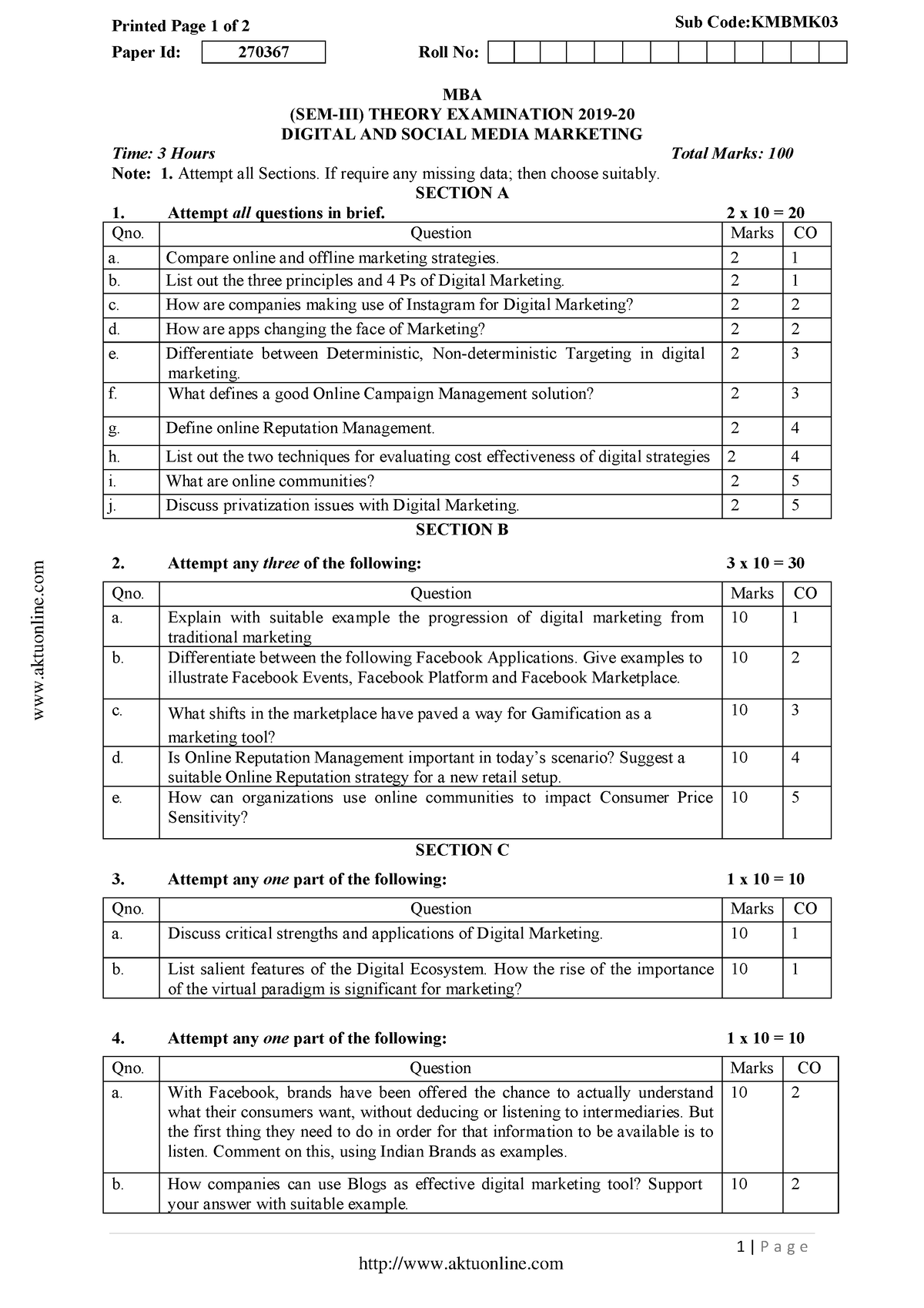 Kmbmk 03-2020 - AKTU Q. PAPER - Printed Page 1 of 2 Sub Code:KMBMK ...