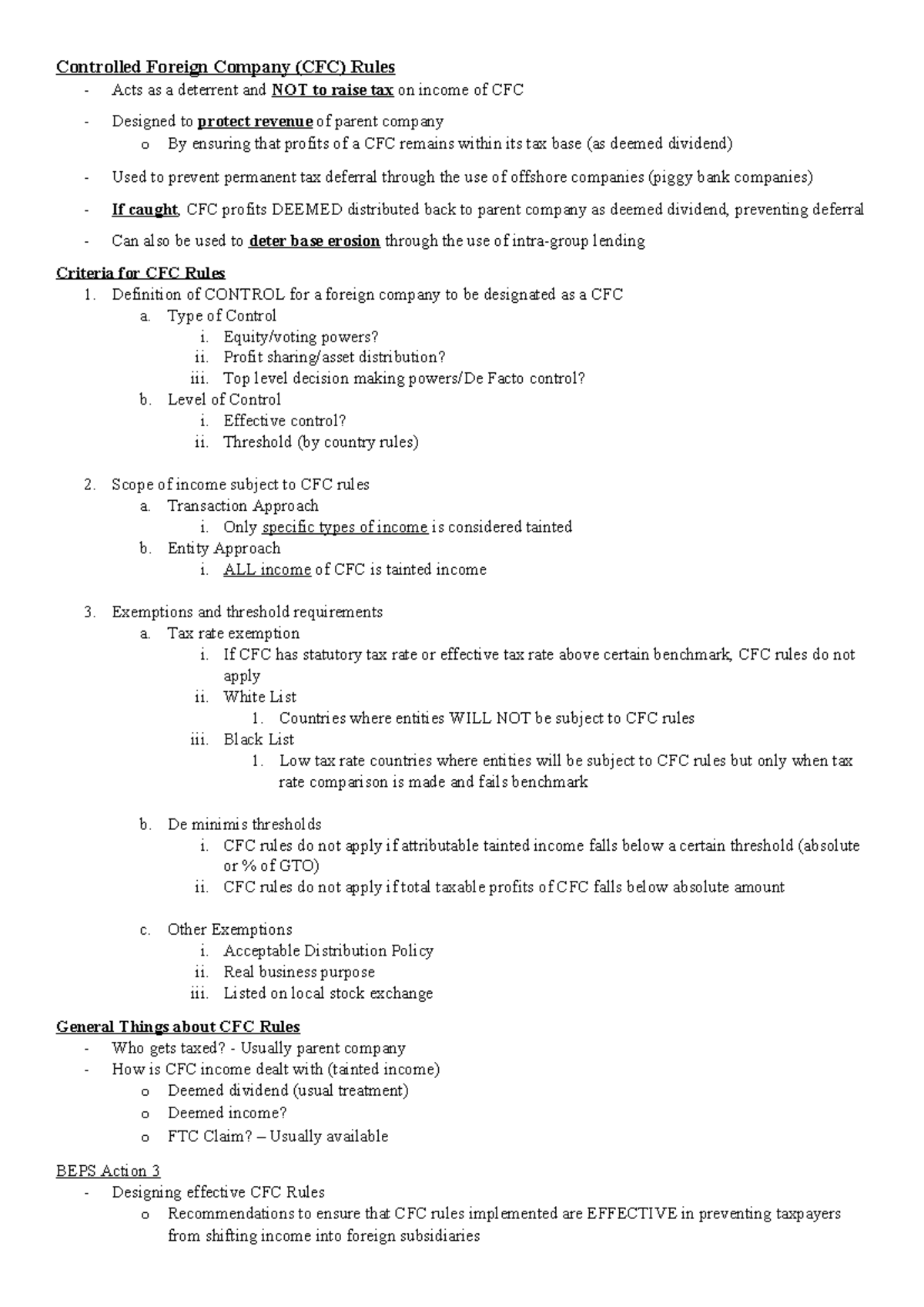 SU6 - Thin Cap, Beneficial Ownership CFC - Controlled Foreign Company ...