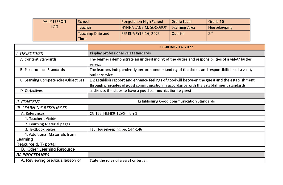 2 Daily Lesson PLAN housekeeping FEBRUARY 14, 2023 I. OBJECTIVES