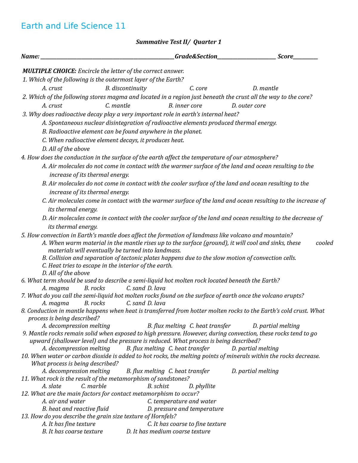 Summative TEST IN Earth AND LIFE Sciences st2 Q1 - Earth and Life ...