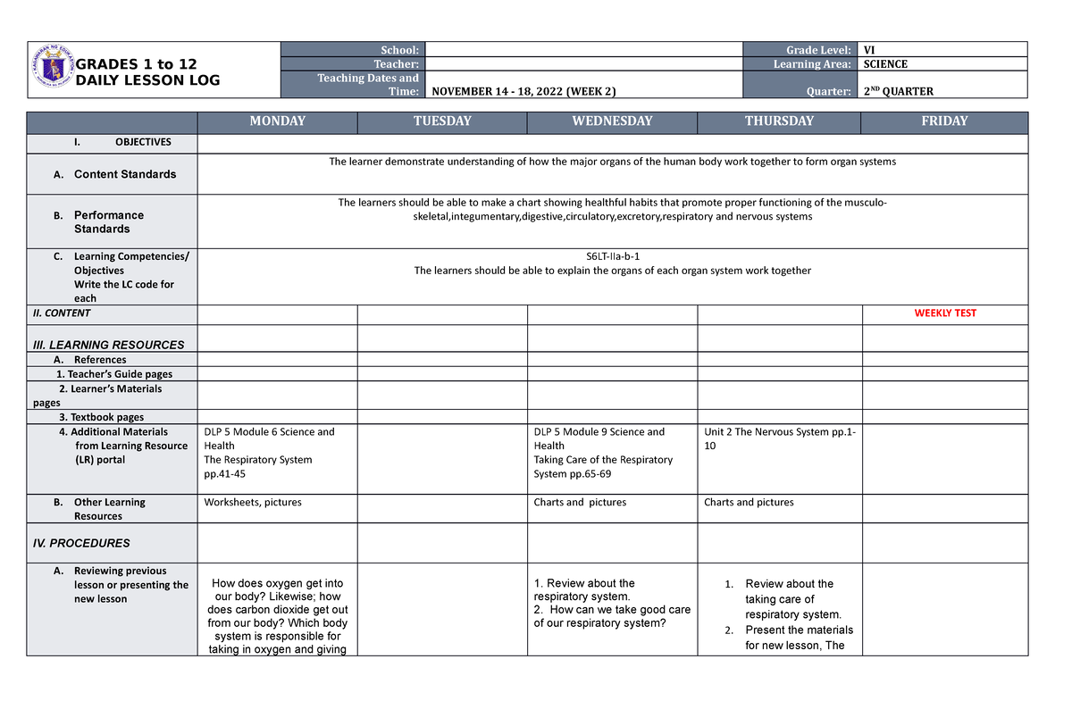 DLL Science 6 Q2 W2 - for lectures - GRADES 1 to 12 DAILY LESSON LOG ...