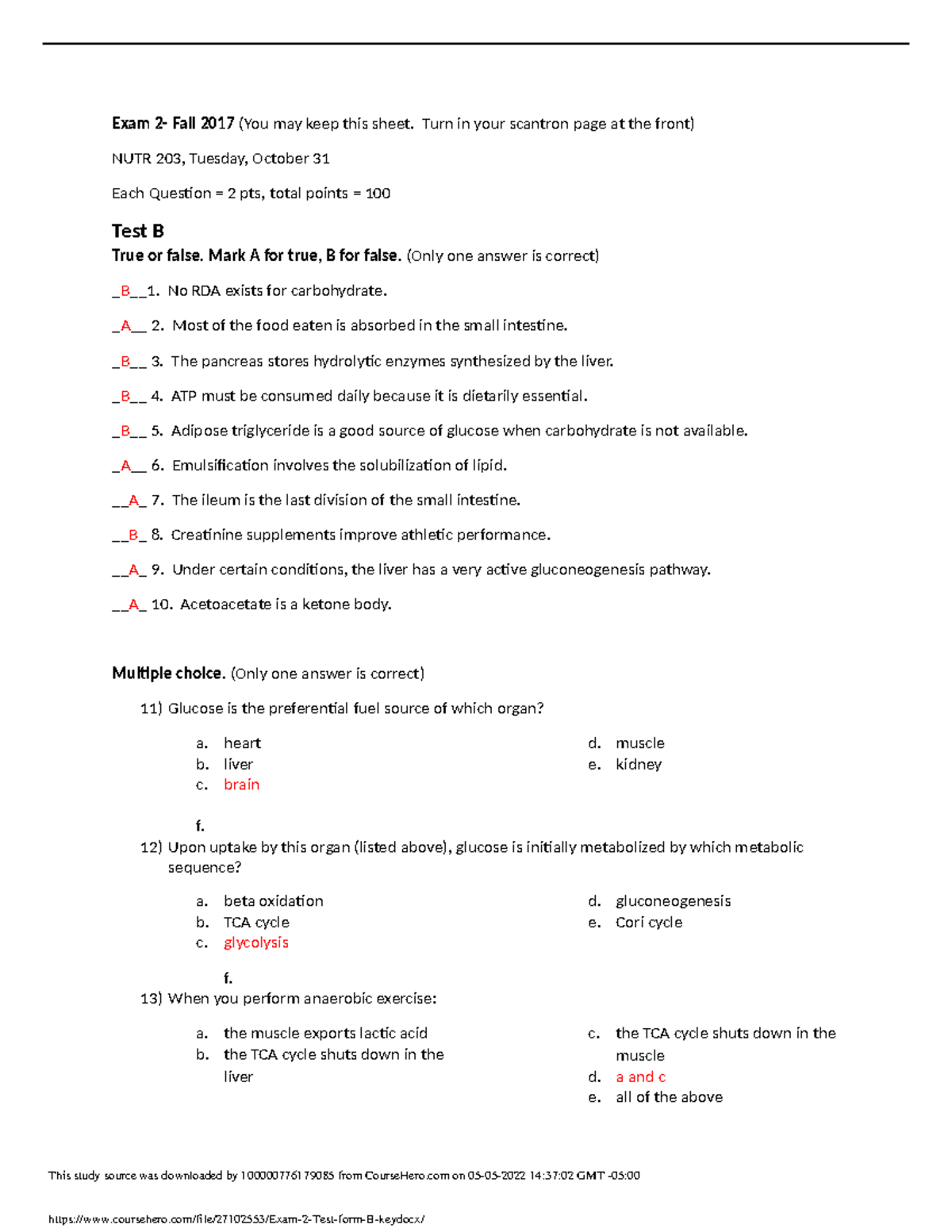 Exam 2 Test Form B Key - This Is Helpful - Exam 2- Fall 2017 (You May ...