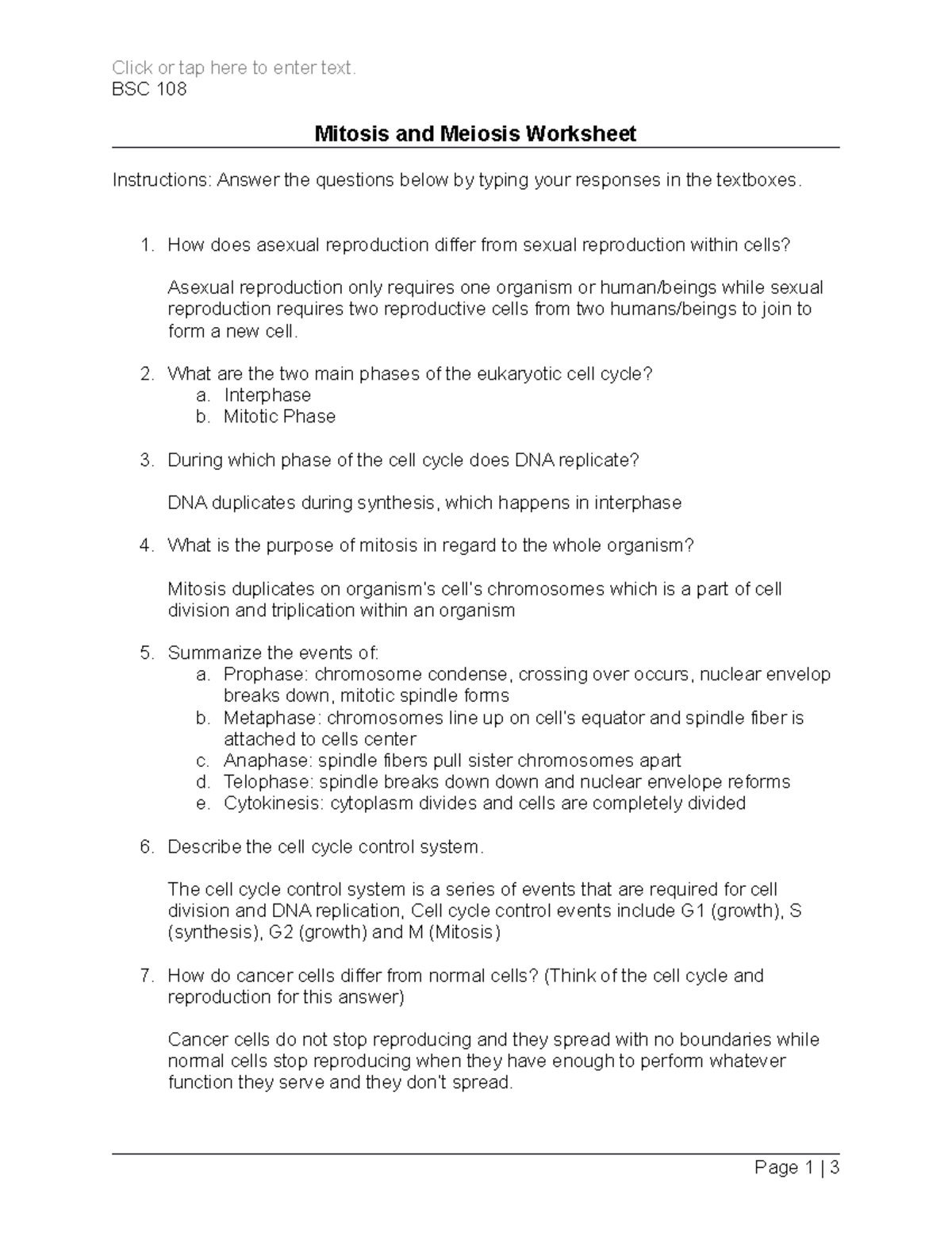 Mitosis And Meiosis Worksheet Module 7 Worksheet Click Or Tap Here To