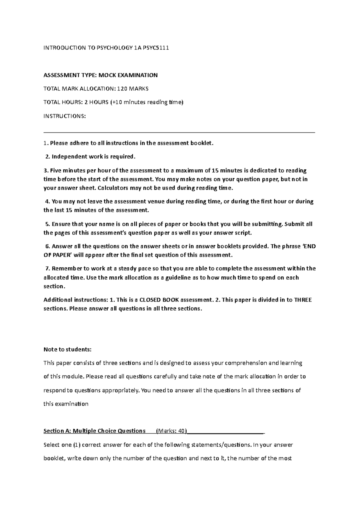 PSYC5111 Mock Exam - good - INTRODUCTION TO PSYCHOLOGY 1A PSYC ...