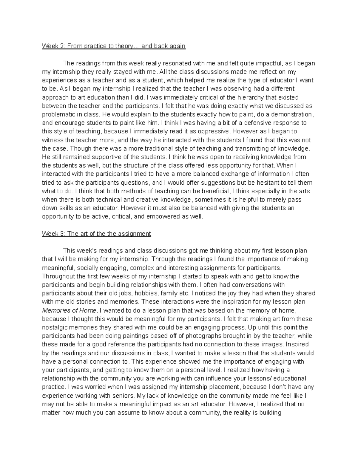 Reading Reflections ARTE 330 Week 2 From practice to theory... and