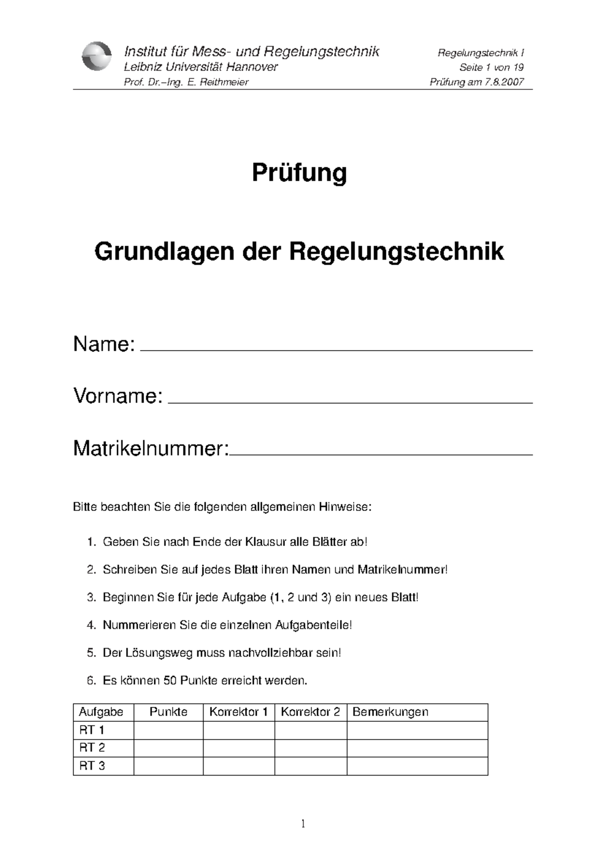 Prüfung 7 August 2007, Fragen und Antworten - (SS 2007) - Institut und Regelungstechnik Leibniz ...