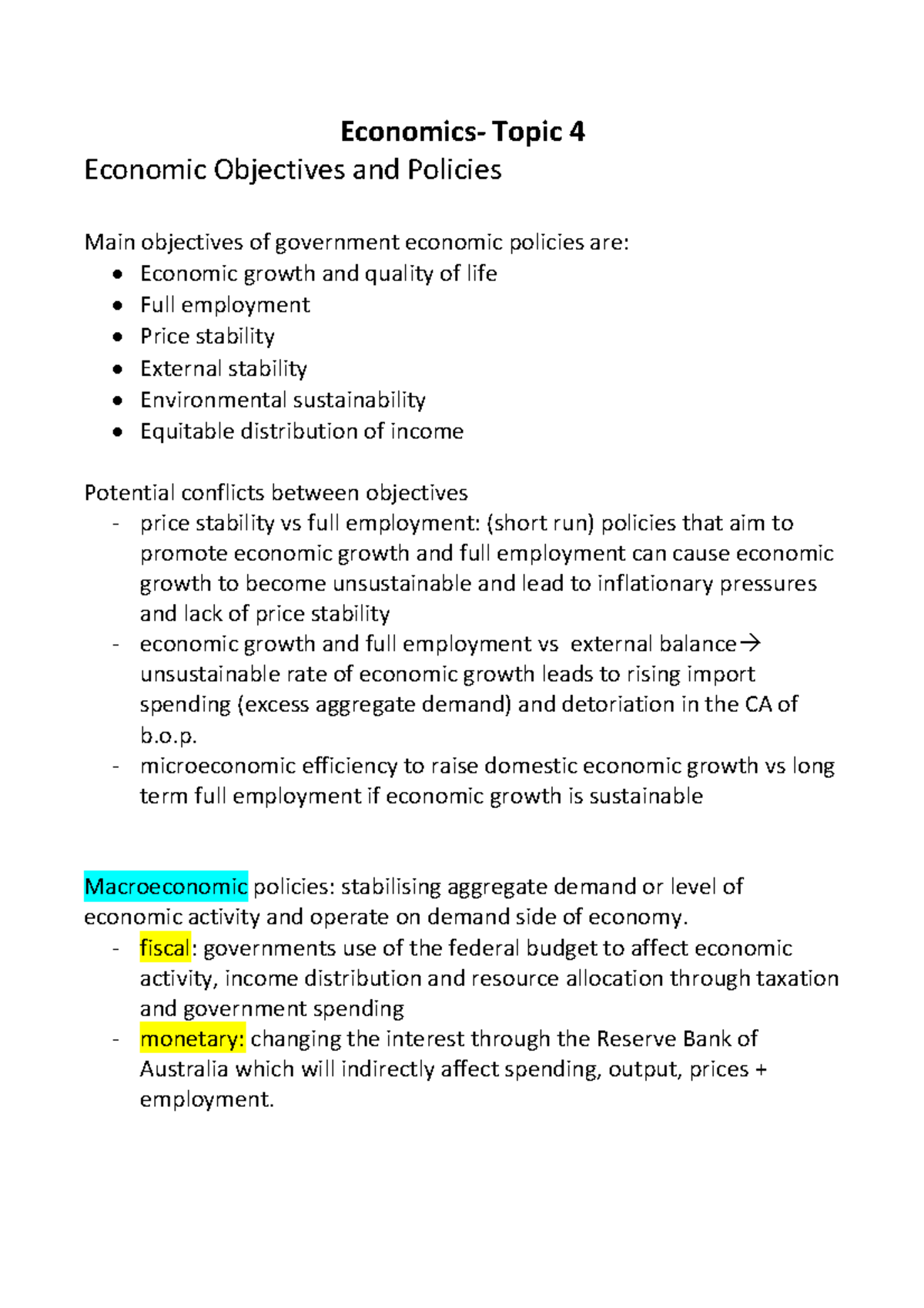 Lecture Notes Economics 1 3 Economics Topic 4 Economic Objectives