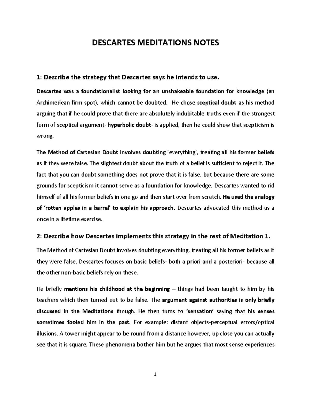 Descartes Meditations Summary Notes - DESCARTES MEDITATIONS NOTES 1 ...