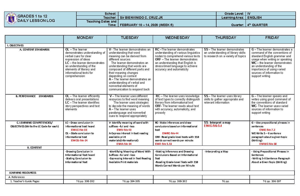 English 4 Q4 W5 DLL - for reference purposes - GRADES 1 to 12 DAILY ...