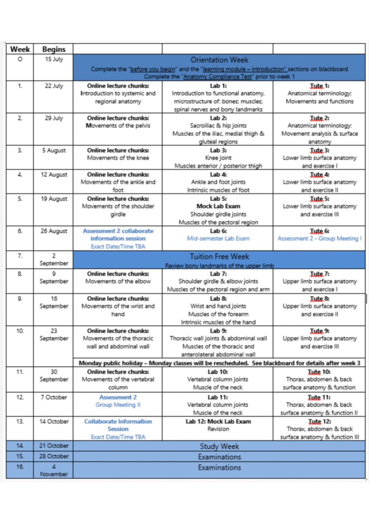 Program calendar - Week Begins O 15 July Orientation Week Complete the ...