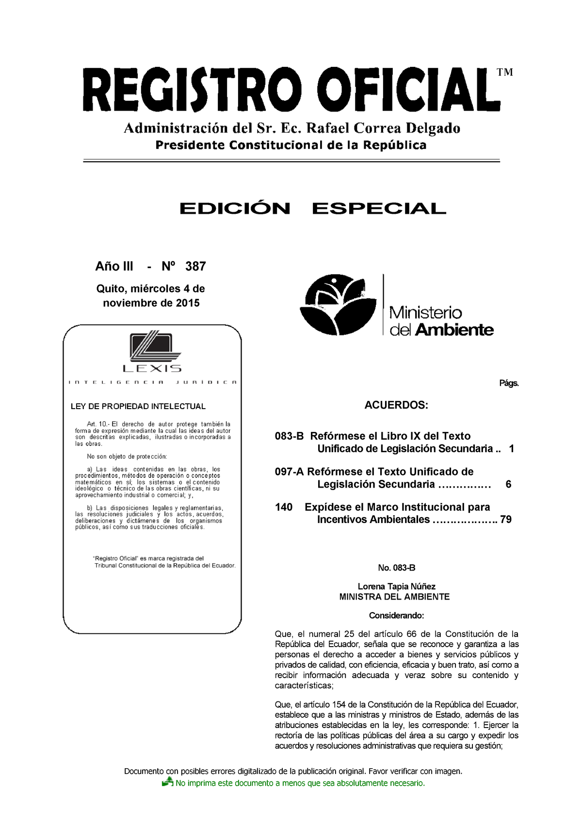 Acuerdo M 097-A, 083-B Y 140 - EDICIÓN Año III ESPECIAL - Nº 387 Quito ...