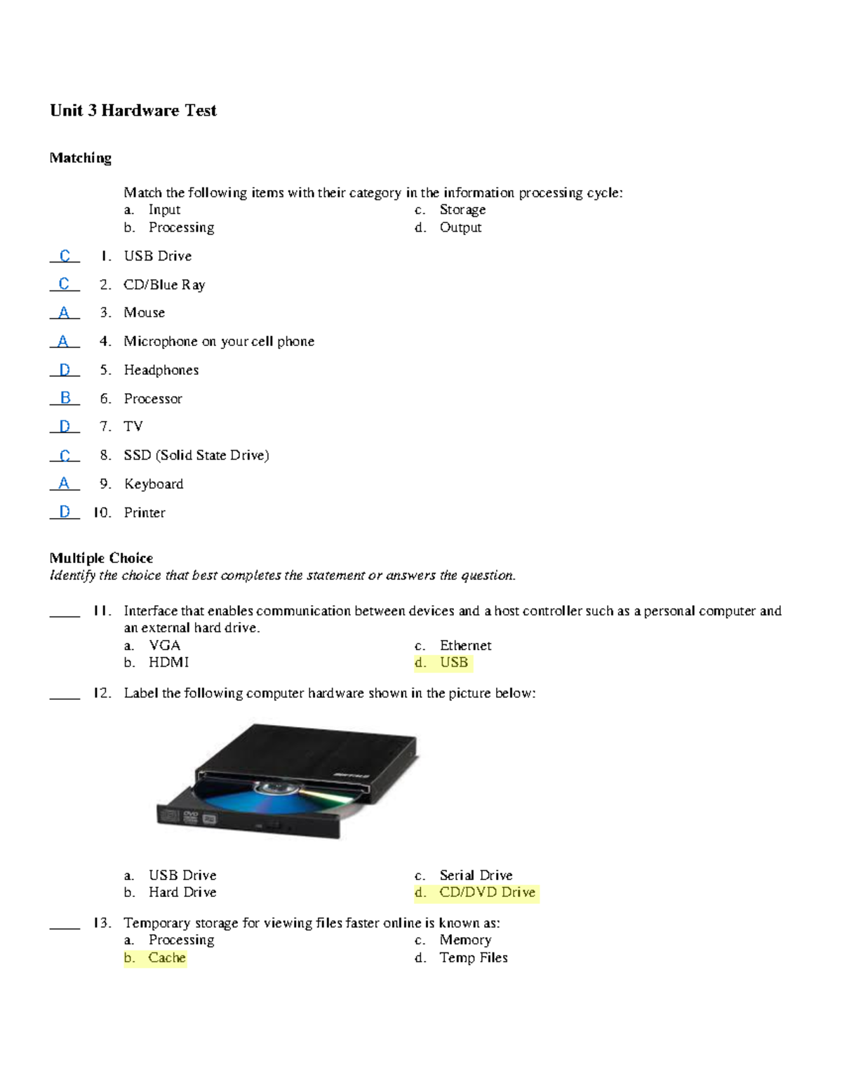 IDT Hardware Unit Test Study Guide Unit 3 Hardware Test Matching