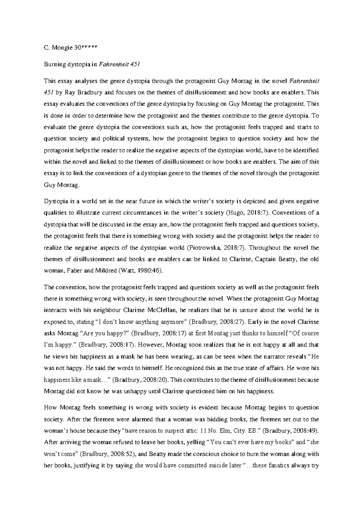Example of fiction essay - C. Mongie 30***** Burning dystopia in ...