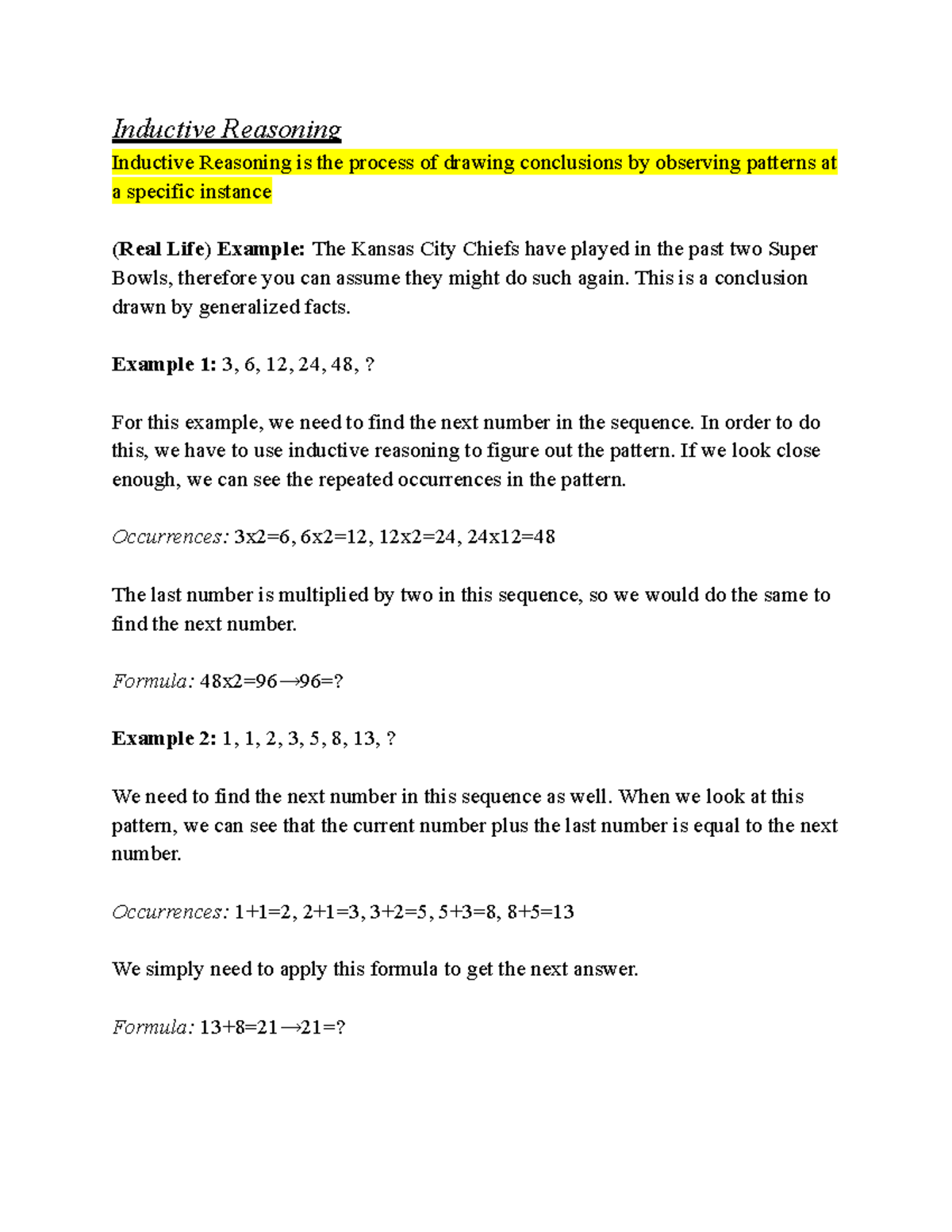 Survey of Mathematics Section 1.2 Notes - Inductive Reasoning Inductive ...