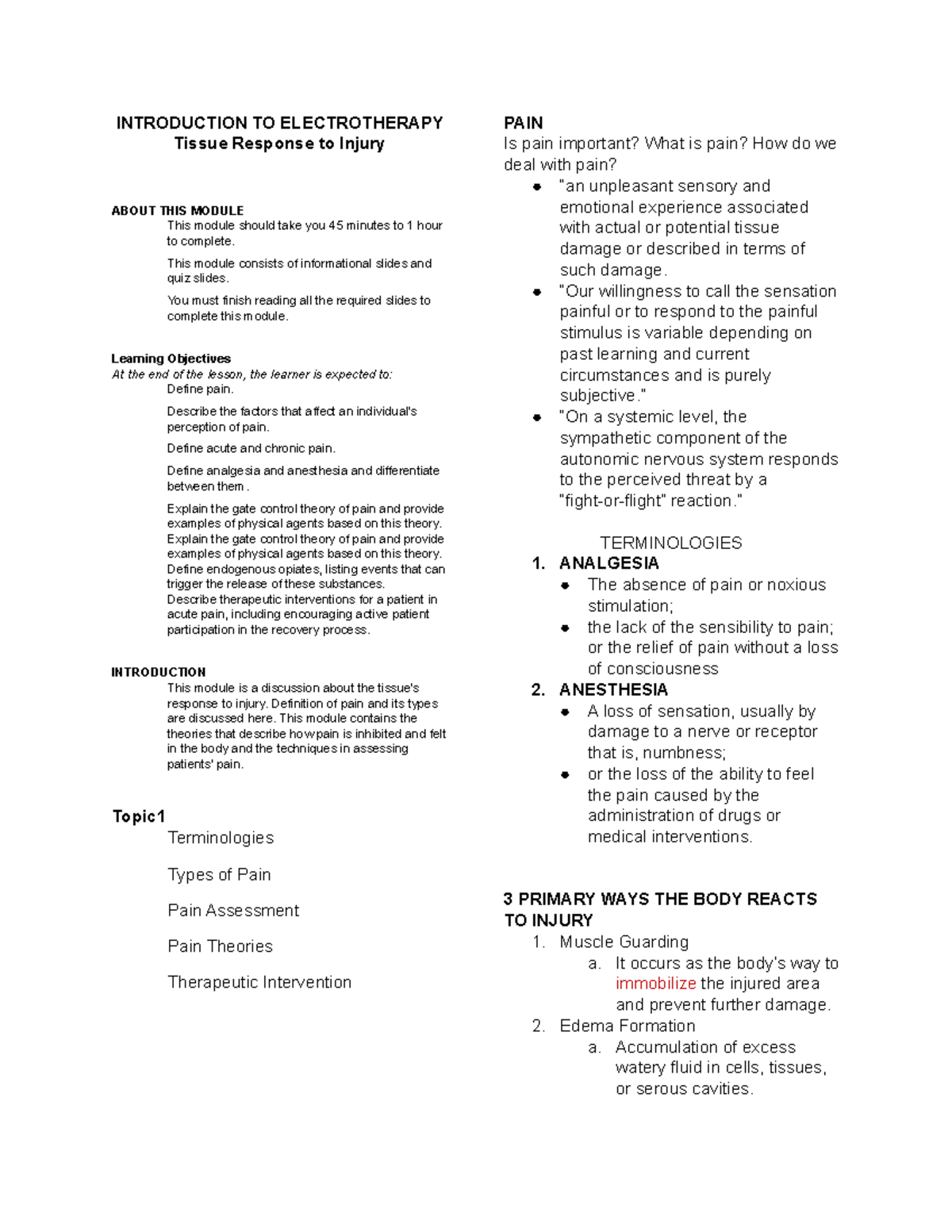 1. Tissue Response to Injury - INTRODUCTION TO ELECTROTHERAPY Tissue ...