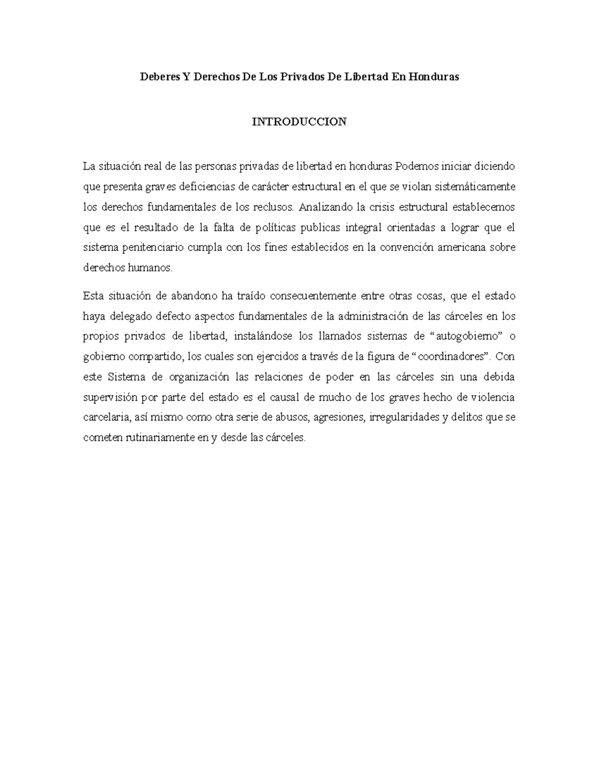 Deberes Y Derechos De Los Privados De Libertad En Honduras Deberes Y