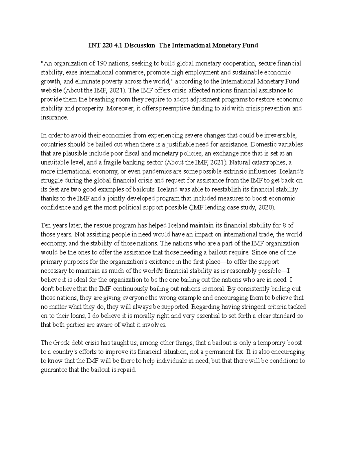INT 220 4.1 Discussion The International Fund INT 220 4