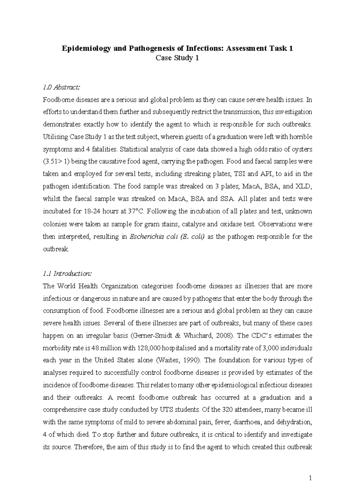 Epi report case study 1 Epidemiology and Pathogenesis of Infections